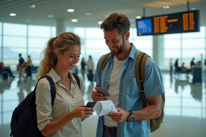 Couple à l'aéroport avec billets d'avion profitant d'une offre voyage Leclerc promo du mardi