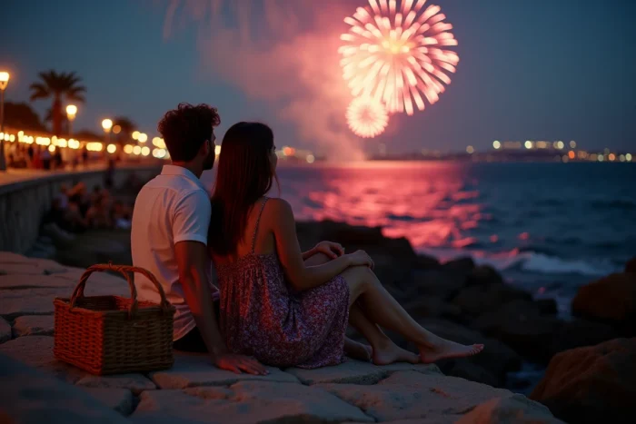 Couple assis sur les rochers de la Corniche Kennedy à Marseille regardant le feu d'artifice du 14 juillet