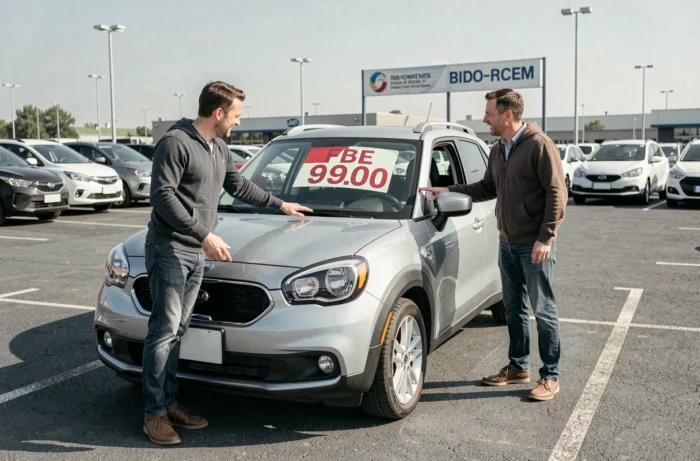 Couple inspectant un SUV en promotion dans un parc automobile extérieur avec une étiquette de prix visible sur le pare-brise