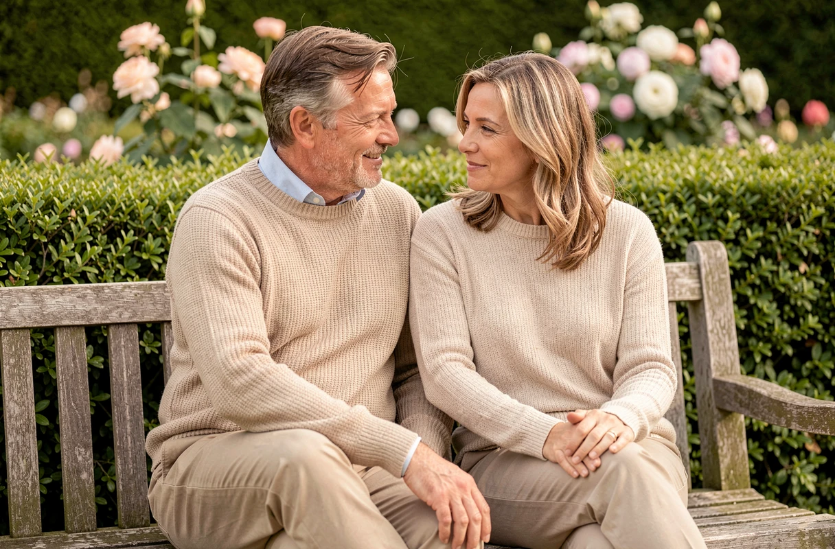 Couple assis sur un banc en bois dans un jardin fleuri, partageant un moment intime et complice