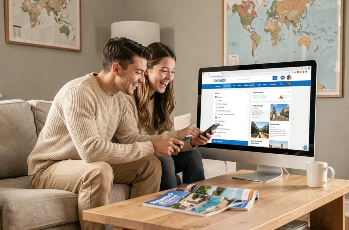 Couple planifiant un voyage ensemble en naviguant sur la carte du site d'une agence en ligne depuis leur salon