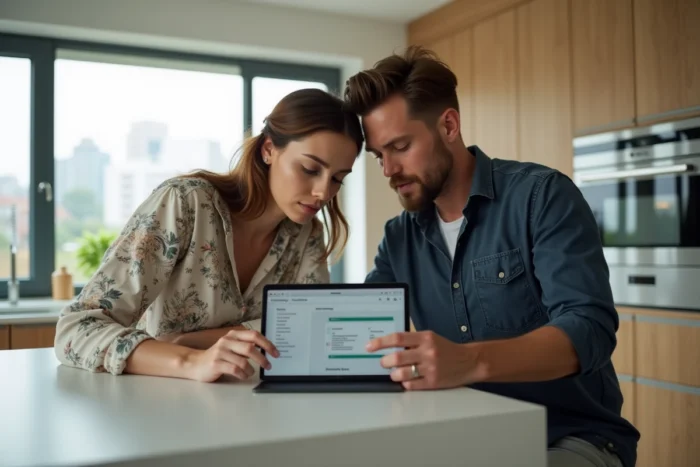 Couple planifiant leur mariage en ligne en consultant un sitemap sur une tablette dans une cuisine moderne