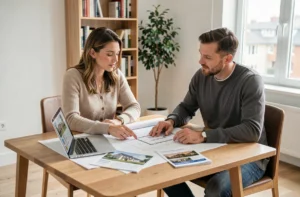 Couple analysant des documents immobiliers et des plans architecturaux sur une table en bois dans un appartement moderne