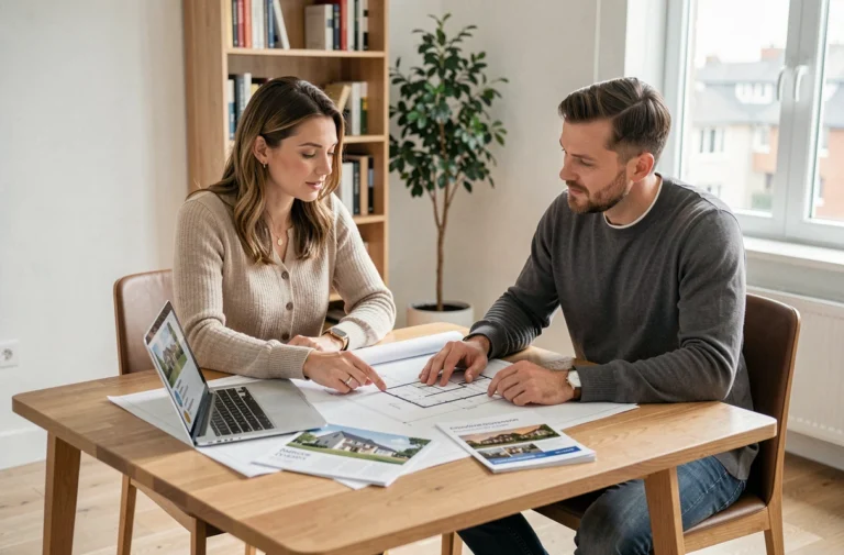 Couple analysant des documents immobiliers et des plans architecturaux sur une table en bois dans un appartement moderne