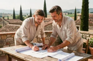 Couple examinant des plans immobiliers sur une terrasse provençale avec vue sur les toits en tuiles et la campagne PACA