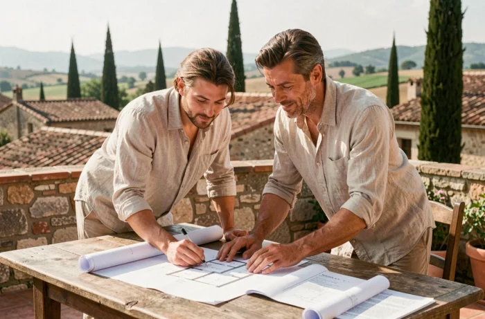 Couple examinant des plans immobiliers sur une terrasse provençale avec vue sur les toits en tuiles et la campagne PACA