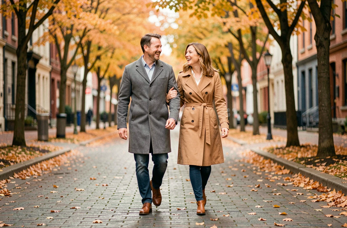 Couple élégant se promenant dans une rue parisienne bordée d'arbres en automne, riant ensemble