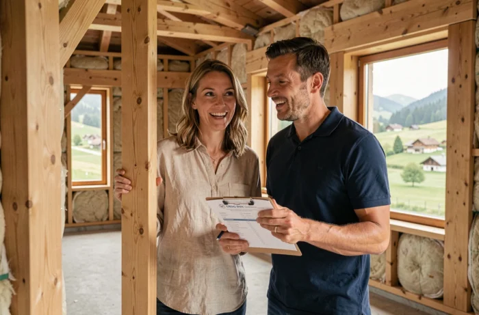 Couple de futurs propriétaires visitant la charpente en bois de leur maison en construction en Suisse