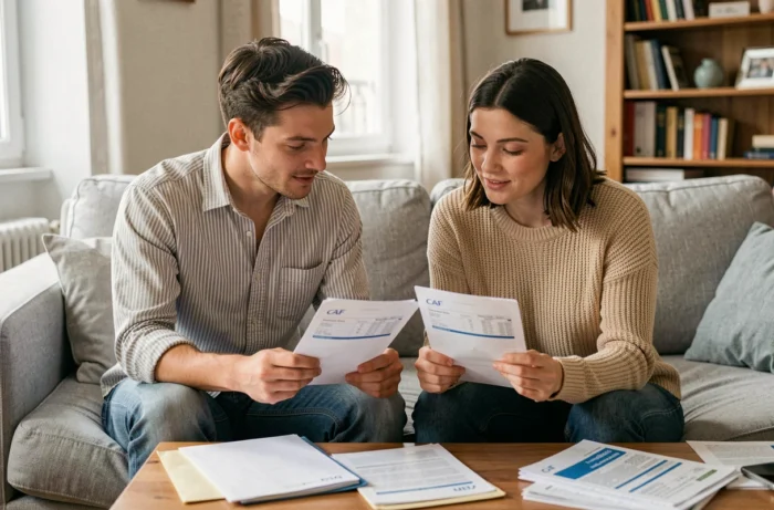 Couple examinant ensemble des relevés de paiement CAF et des documents de régularisation dans leur salon