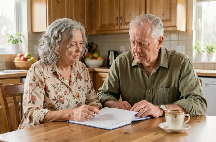 Un couple de seniors consultant ensemble des documents médicaux à domicile, évoquant la prise en charge cognitive et le suivi du score Fazekas 2