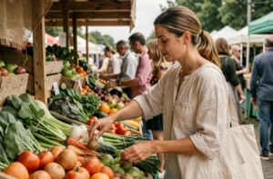 Femme faisant ses courses au marché local avec un sac en toile réutilisable, choisissant des légumes frais de saison en mode éco-responsable