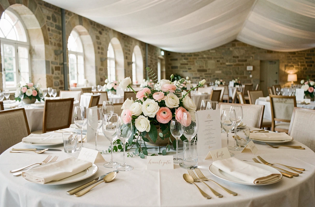 Table de mariage décorée avec soin, vaisselle fine, fleurs et cartons de menu calligraphiés pour une réception élégante