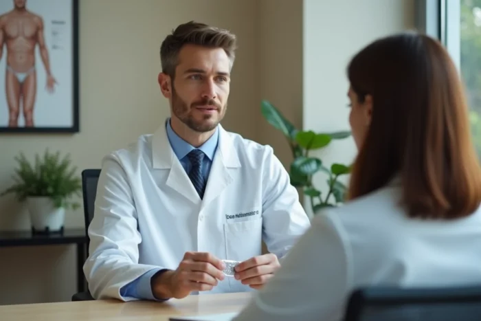 Dermatologue en consultation expliquant un traitement médicamenteux contre l'acné à son patient dans un cabinet médical