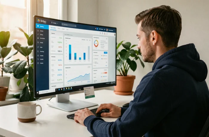 Développeur web masculin gérant un tableau de bord d'hébergement en ligne sur un écran ultrawide dans un bureau moderne