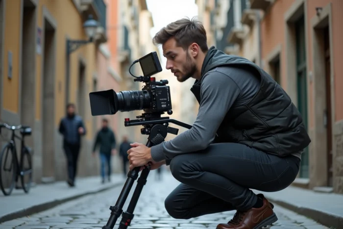Jeune directeur de la photographie filmant un court métrage en extérieur dans une ruelle pavée aux façades en pierre