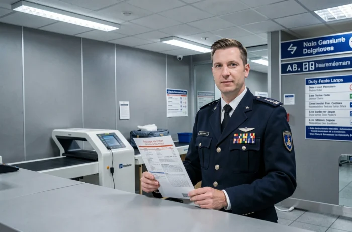 Agent des douanes français tenant un document sur les réglementations d'importation de tabac à l'aéroport