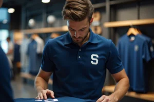 Employé Intersport inspectant le flocage personnalisé sur un polo de sport bleu marine en magasin