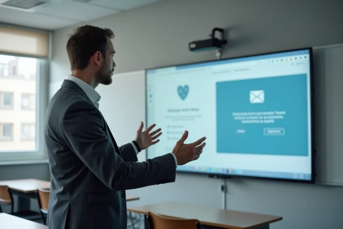 Enseignant expliquant la différence entre l'ENT et le webmail sur un écran de classe dans un établissement scolaire