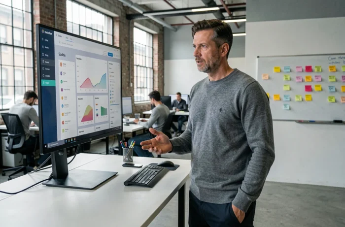 Entrepreneur masculin travaillant sur une stratégie de commerce en ligne dans un espace de co-working contemporain