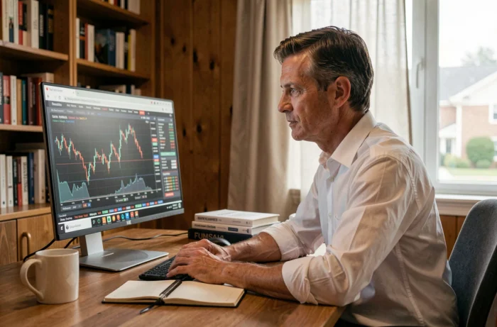Entrepreneur indépendant consultant les actualités et tendances business 2024 depuis son bureau à domicile