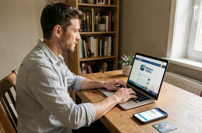 Homme envoyant de l'argent en ligne via Western Union depuis son domicile en France