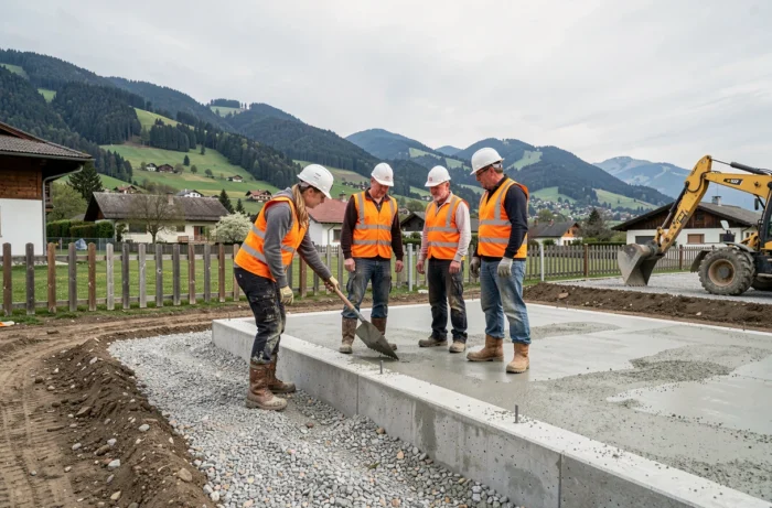 Équipe de construction sur un chantier de maison individuelle en Suisse, debout sur une dalle en béton fraîchement coulée