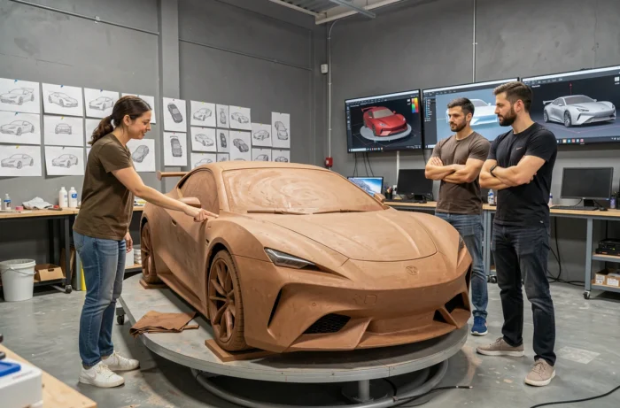 Équipe de designers automobiles autour d'un modèle en argile dans un studio de conception futuriste
