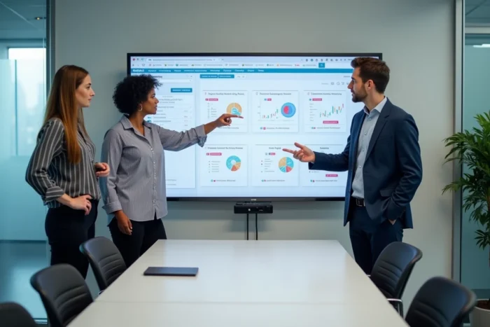 Équipe marketing en réunion analysant un audit SEO complet sur un grand écran dans une agence moderne