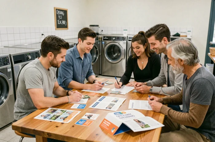 Équipe diverse réunie autour d'une table dans une laverie moderne pour planifier la stratégie de communication de l'ouverture