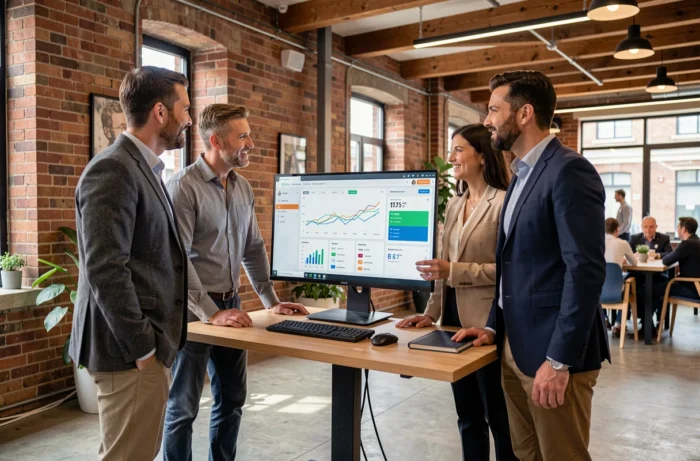 Équipe de professionnels analysant les grandes tendances économiques et business de 2024 dans un espace de coworking