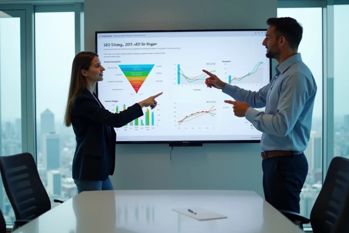 Équipe de professionnels discutant d'une stratégie SEO et de KPI lors d'une réunion d'entreprise