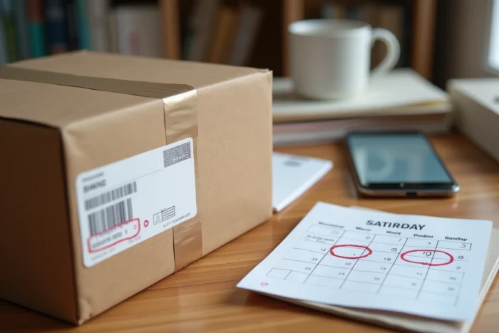 Étiquette Colissimo sur un colis avec calendrier de livraison du samedi et suivi de colis sur smartphone