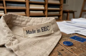 Étiquette 'Made in EEC' cousue dans un vêtement en lin beige posé sur une surface en bois, avec des documents de fabrication et un drapeau européen en arrière-plan