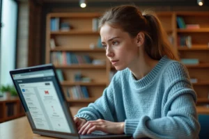 Étudiante en bibliothèque universitaire comparant les interfaces de webmail et messagerie académique sur son ordinateur portable
