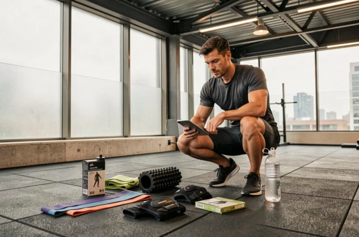 Sportif évaluant différents équipements de fitness sur le sol d'une salle de sport moderne