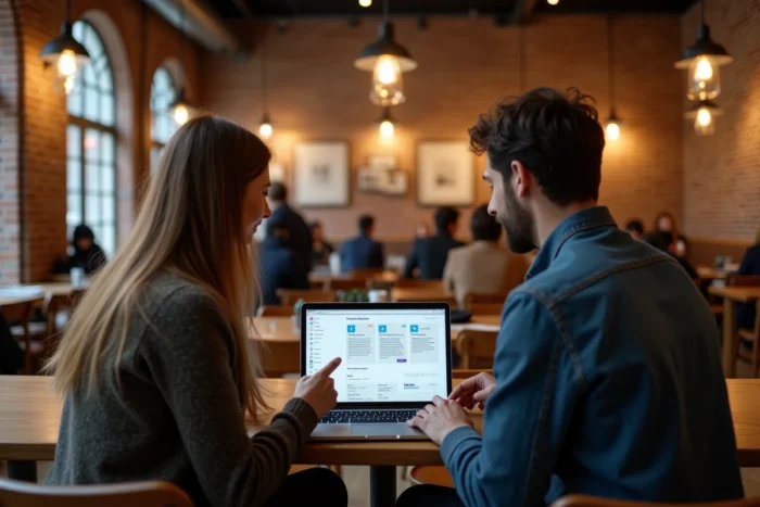 Deux personnes explorant ensemble la structure de navigation du site Bozar sur un ordinateur portable dans un café de musée