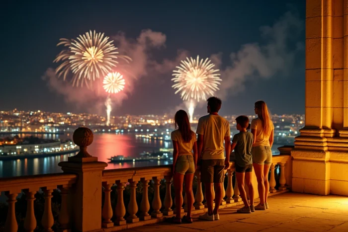 Famille contemplant le panorama de Marseille et le feu d'artifice du 14 juillet depuis Notre-Dame de la Garde
