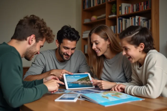 Famille planifiant des vacances en consultant les promos du mardi Leclerc Voyage autour d'une table