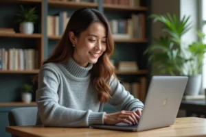 Femme faisant des achats en ligne sur son ordinateur portable depuis un bureau à domicile, cherchant les meilleures offres sur une boutique en ligne