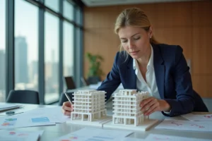 Femme d'affaires comparant deux modèles immobiliers représentant une structure opco et propco dans une salle de réunion moderne