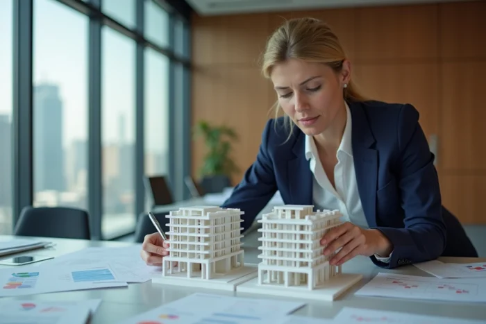 Femme d'affaires comparant deux modèles immobiliers représentant une structure opco et propco dans une salle de réunion moderne