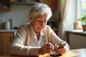Une femme âgée tient une carte SIM et examine son téléphone Doro sur une table de cuisine en bois