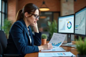Femme professionnelle analysant un rapport SEO avec des graphiques de trafic et de classement de mots-clés sur un bureau en bois