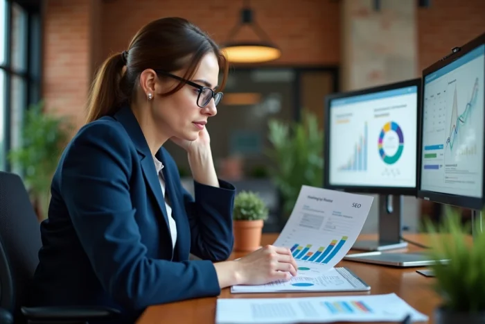 Femme professionnelle analysant un rapport SEO avec des graphiques de trafic et de classement de mots-clés sur un bureau en bois