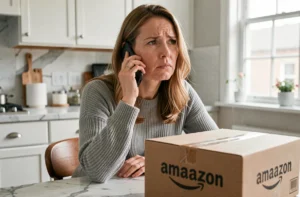 Femme hésitante au téléphone avec un colis Amazon posé sur la table de cuisine, illustrant un appel suspect lié à une commande