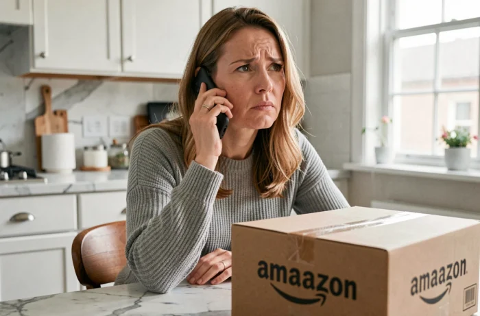 Femme hésitante au téléphone avec un colis Amazon posé sur la table de cuisine, illustrant un appel suspect lié à une commande