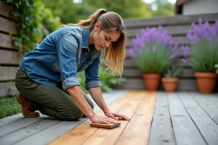 Femme appliquant un saturateur sur une terrasse en bois extérieure avec contraste visible entre zone traitée et non traitée