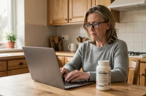 Femme d'âge mûr consultant des avis en ligne sur un complément alimentaire Orthosamine depuis son domicile
