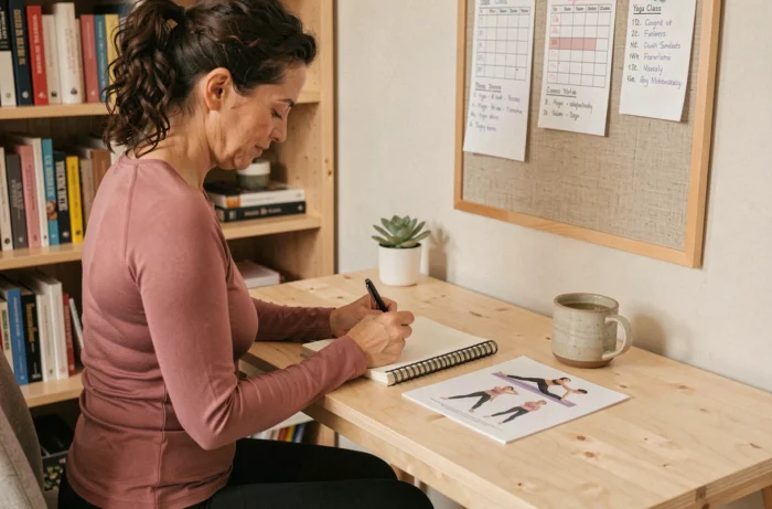 Femme assise à un bureau planifiant ses séances de yoga à l'aide d'une fiche de référence des familles de postures et d'un carnet de notes
