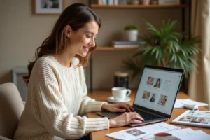 Femme consultant un sitemap de site de mariage sur un ordinateur portable dans un bureau à domicile organisé